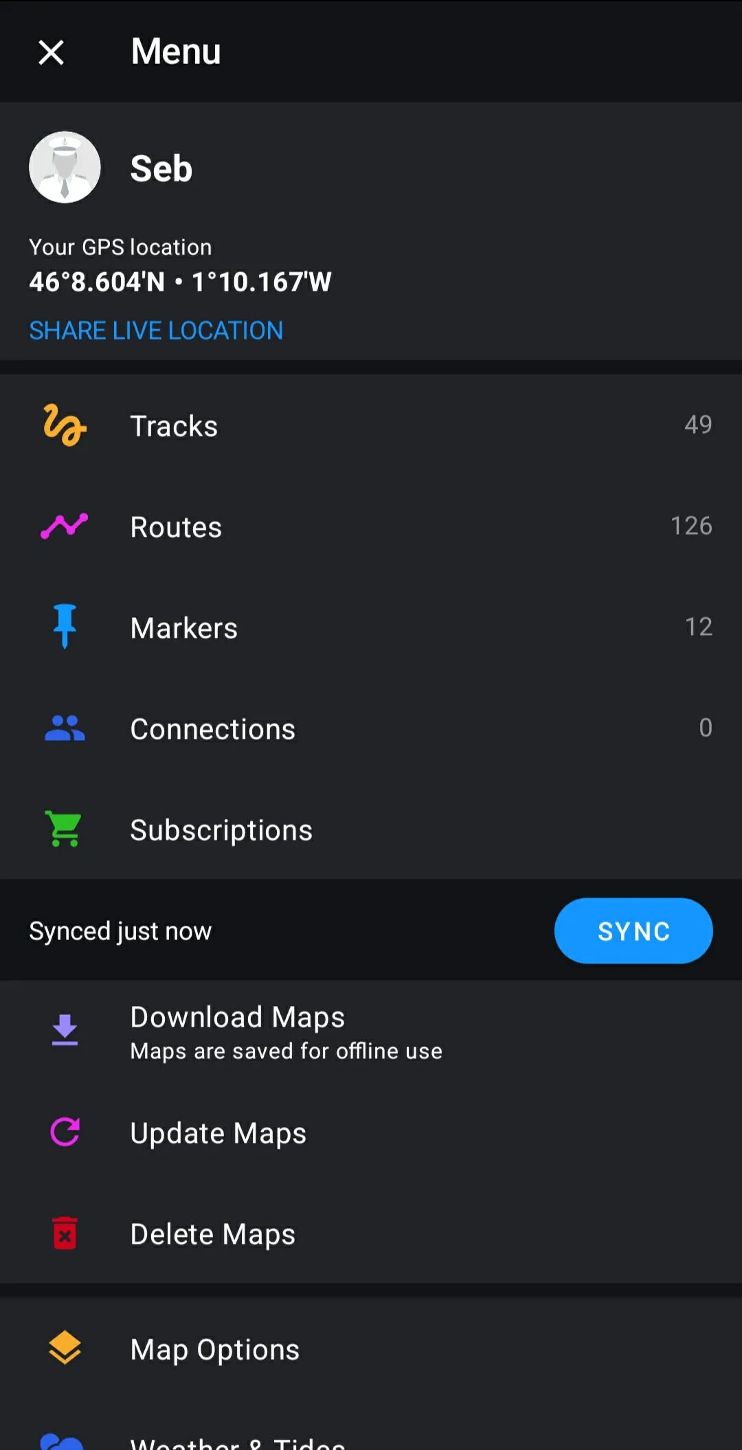 Navionics menu showing Tracks with 49 recorded tracks