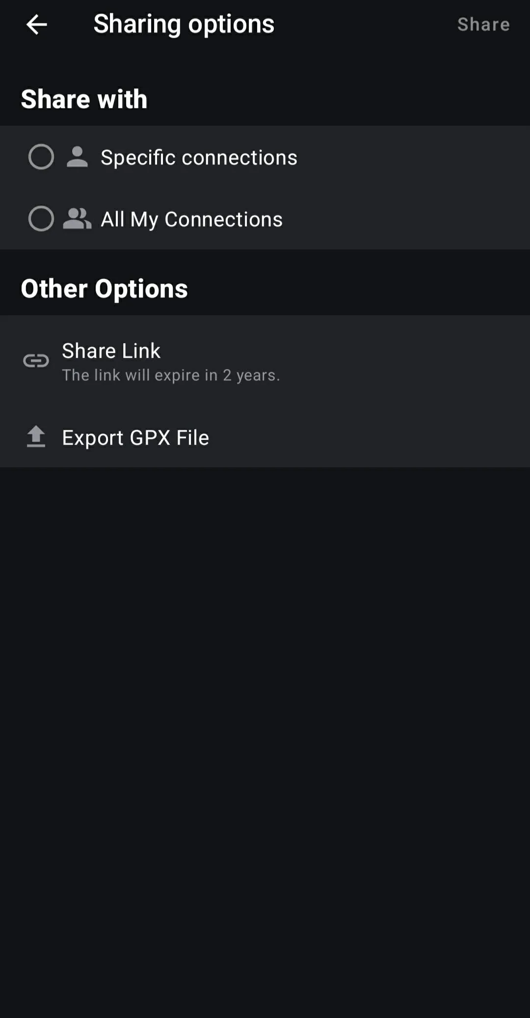 Navionics sharing options with Export GPX File highlighted