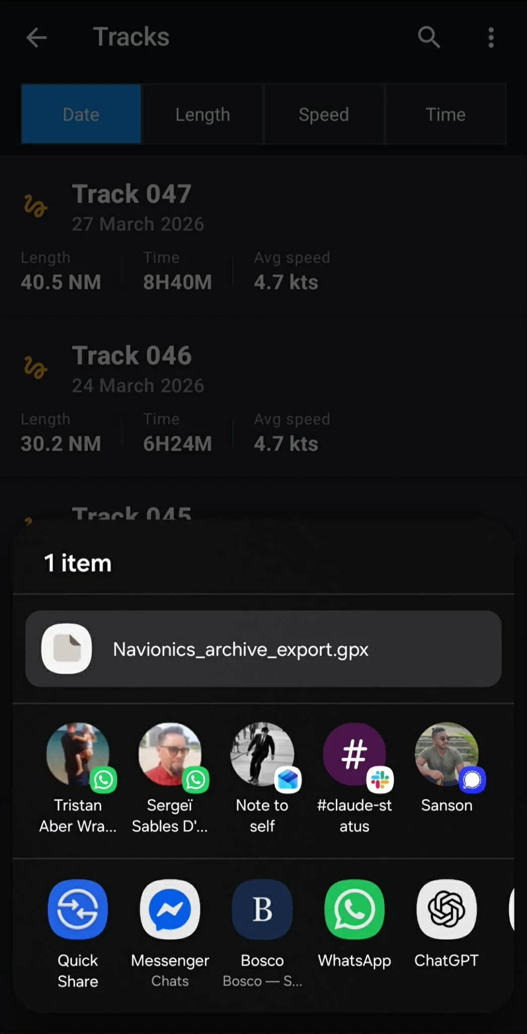 Phone share sheet showing Bosco app among sharing options for a GPX file